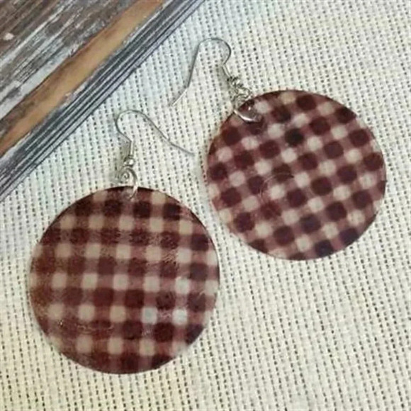 Handcrafted Capiz Shell Earrings White Black Checked Handmade - Picture 1 of 2
